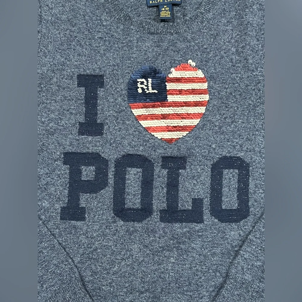 Polo Ralph Lauren Sweater Girls Blue I Heart USA flag Polo Pullover Size M 8-10 - Picture 8 of 13